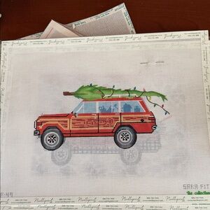 Needlepoint Canvas with Red Car and Christmas Tree